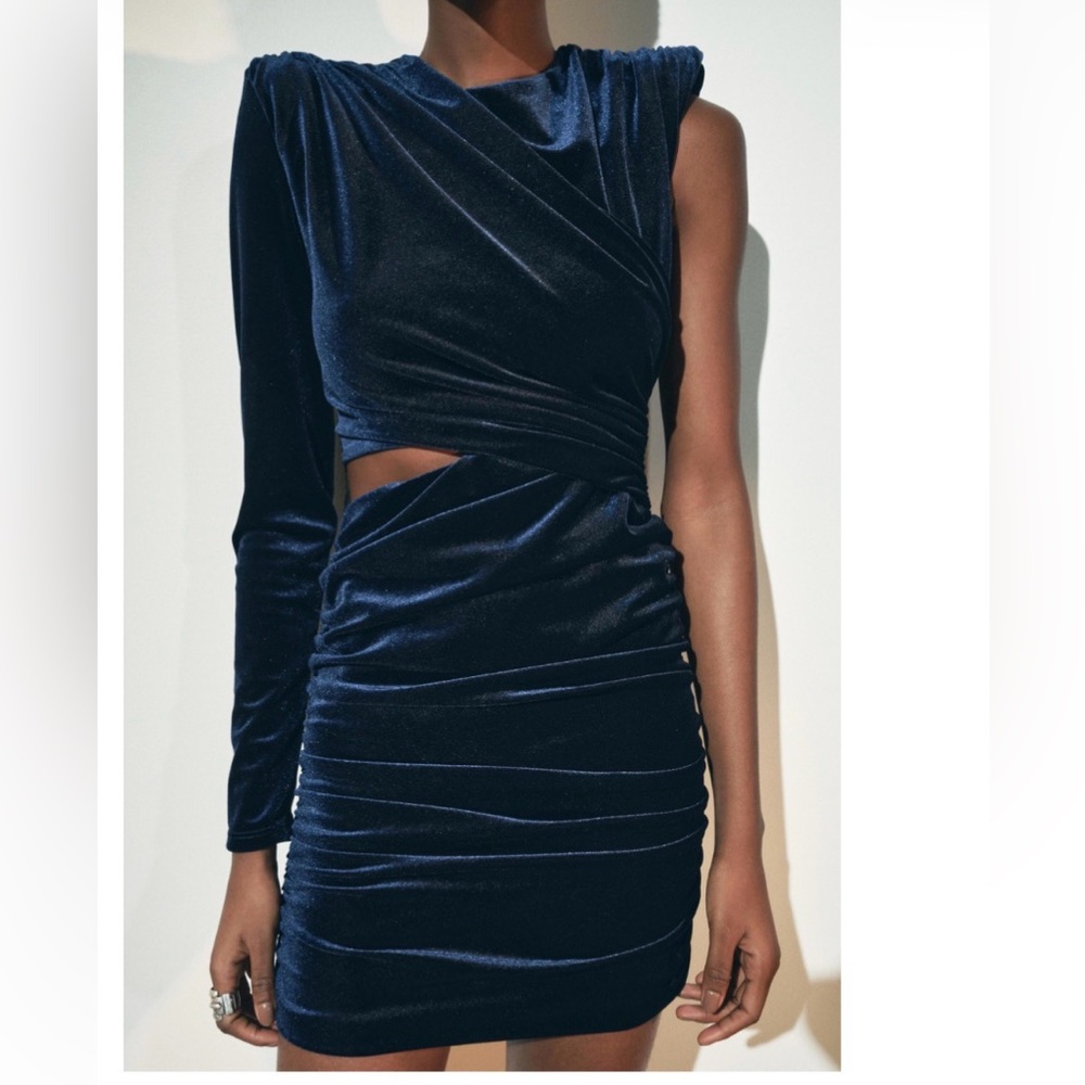 Zara Navy Velvet Asymmetric Cutout Mini Dress size medium